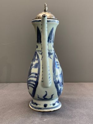 A Chinese silver-mounted blue and white ewer with figures in a landscape, Ming — photo 2
