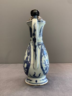 A Chinese silver-mounted blue and white ewer with figures in a landscape, Ming — photo 4