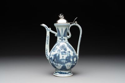 A Chinese silver-mounted blue and white ewer with figures in a landscape, Ming