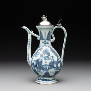 A Chinese silver-mounted blue and white ewer with figures in a landscape, Ming — photo 1