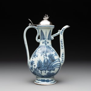A Chinese silver-mounted blue and white ewer with figures in a landscape, Ming — photo 4