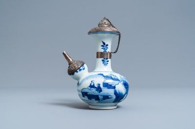 A Chinese silver-mounted blue and white kendi, Kangxi