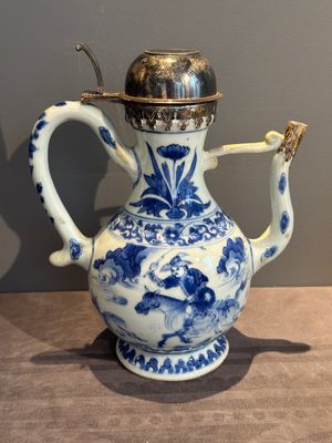 A Chinese silver-mounted blue and white 'Mongolian hunt' ewer, Transitional period — photo 1