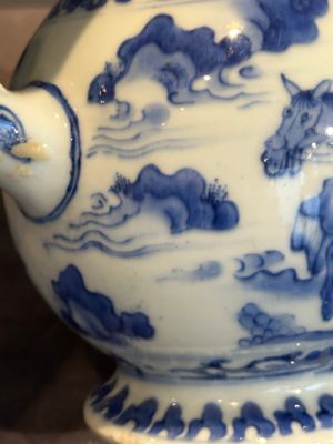 A Chinese silver-mounted blue and white 'Mongolian hunt' ewer, Transitional period — photo 11