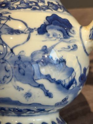 A Chinese silver-mounted blue and white 'Mongolian hunt' ewer, Transitional period — photo 12