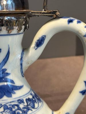 A Chinese silver-mounted blue and white 'Mongolian hunt' ewer, Transitional period — photo 15