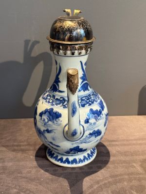 A Chinese silver-mounted blue and white 'Mongolian hunt' ewer, Transitional period — photo 4