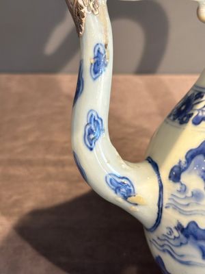 A Chinese silver-mounted blue and white 'Mongolian hunt' ewer, Transitional period — photo 8