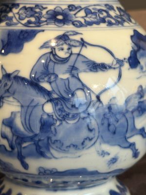 A Chinese silver-mounted blue and white 'Mongolian hunt' ewer, Transitional period — photo 10