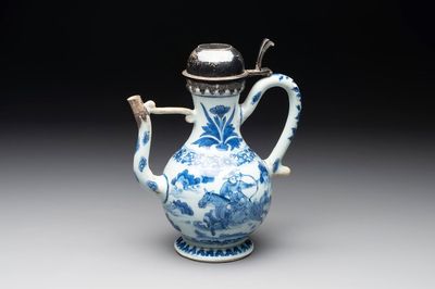 A Chinese silver-mounted blue and white 'Mongolian hunt' ewer, Transitional period