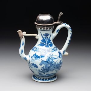 A Chinese silver-mounted blue and white 'Mongolian hunt' ewer, Transitional period — photo 1