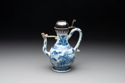 A Chinese silver-mounted blue and white 'Mongolian hunt' ewer, Transitional period