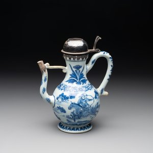 A Chinese silver-mounted blue and white 'Mongolian hunt' ewer, Transitional period — photo 1