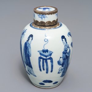 A Chinese silver-mounted blue and white tea caddy and cover, Kangxi — photo 7