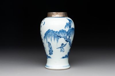 A Chinese silver-mounted blue and white vase, Qing Wan Ya Zhi 清玩雅製 mark, Kangxi