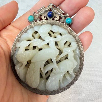A Chinese silver-mounted openwork jade plaque with birds — photo 1