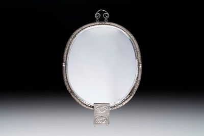 A Chinese silver-plated oval mirror, 19/20th C.