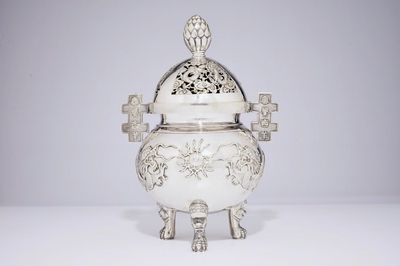 A Chinese silver tripod incense burner and cover with dragons, 19th C.