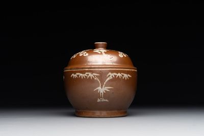 A Chinese slip-decorated brown-glazed 'three friends of winter' bowl and cover, Zhushan kilns, late Ming