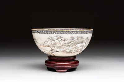 A Chinese 'snowscape' eggshell bowl on wooden stand, Qianlong mark, Republic