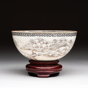 A Chinese 'snowscape' eggshell bowl on wooden stand, Qianlong mark, Republic — photo 1