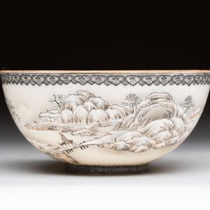 A Chinese 'snowscape' eggshell bowl on wooden stand, Qianlong mark, Republic — photo 2