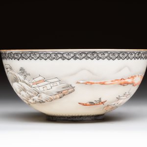 A Chinese 'snowscape' eggshell bowl on wooden stand, Qianlong mark, Republic — photo 3