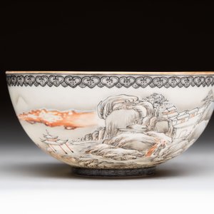 A Chinese 'snowscape' eggshell bowl on wooden stand, Qianlong mark, Republic — photo 4