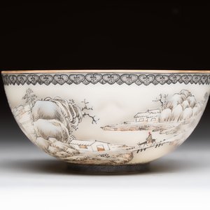 A Chinese 'snowscape' eggshell bowl on wooden stand, Qianlong mark, Republic — photo 5