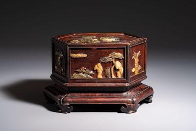 A Chinese soapstone-embellished hongmu 'Antiquities' box and cover, 19th C.