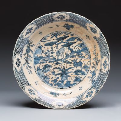 A Chinese Swatow blue and white 'Deer' dish, Ming