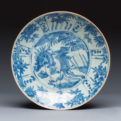 A Chinese Swatow blue and white 'Phoenix' dish, Ming