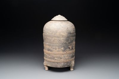 A Chinese terracotta tripod storage vessel and cover, Han