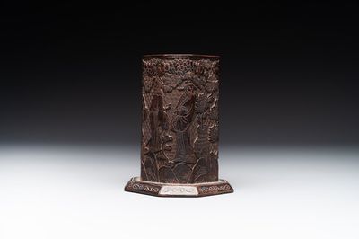 A Chinese tixi lacquer brush pot, 'bitong', Ming