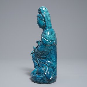 A Chinese turquoise-glazed and underglaze blue model of Guanyin, 19/20th C. — 照片 5