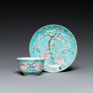 A Chinese turquoise-ground famille rose bowl and matching plate, Guangxu mark and of the period — 照片 1