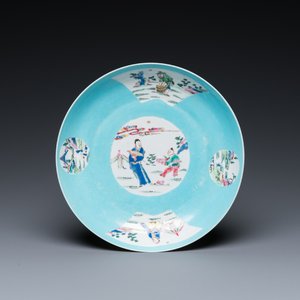 A Chinese turquoise-ground famille rose semi-eggshell plate, Yongzheng mark and of the period — photo 1
