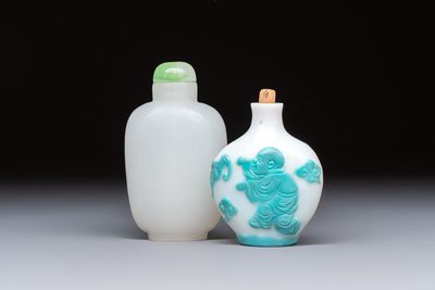 A Chinese turquoise-overlay white glass 'Fushou 福壽' snuff bottle and a glass imitating jade snuff bottle, Qianlong mark, 19th C.