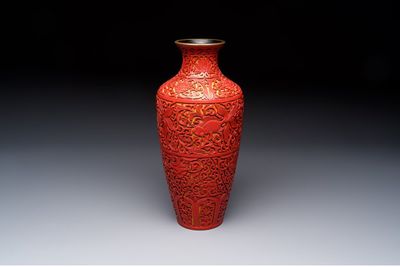 A Chinese two-colour lacquer 'Goldfish' vase, Republic