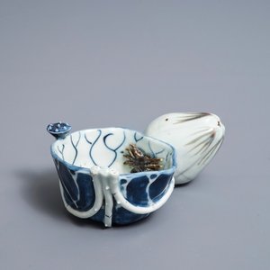 A Chinese underglaze blue and copper-red 'crab and lotus' water dropper, Kangxi — photo 1
