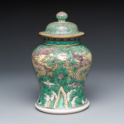 A Chinese verte biscuit 'Dragon' vase and cover, Shunzhi