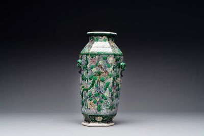 A Chinese verte biscuit hexagonal 'phoenix and flower scroll' vase, 19th C.