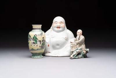 A Chinese verte biscuit vase, a sculpture of a fisherman and a Milefo Buddha, You Lin Ji 游林記造 and Zhu Mao Ji 朱茂記造 mark, 20th C.