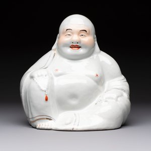 A Chinese verte biscuit vase, a sculpture of a fisherman and a Milefo Buddha, You Lin Ji 游林記造 and Zhu Mao Ji 朱茂記造 mark, 20th C. — foto 2
