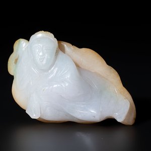 A Chinese white and yellow jade carving of a reclining lady on a leaf, Qing — photo 1