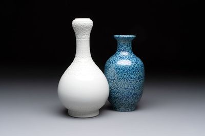A Chinese white-glazed garlic-head vase and a robin’s egg-glazed vase, Qianlong mark, 20th C.