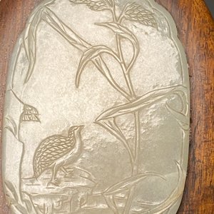 A Chinese wooden box and cover with a white jade 'quail' plaque, 18/19th C. — photo 16