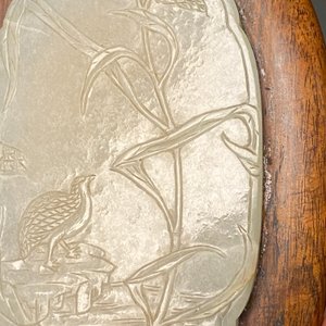 A Chinese wooden box and cover with a white jade 'quail' plaque, 18/19th C. — photo 17