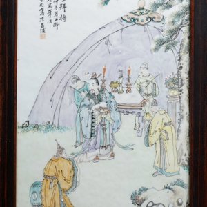 A Chinese wooden closet with 23 qianjiang cai plaques, 19/20th C. — photo 12
