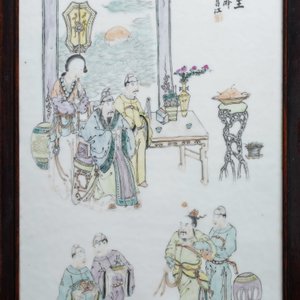 A Chinese wooden closet with 23 qianjiang cai plaques, 19/20th C. — photo 3